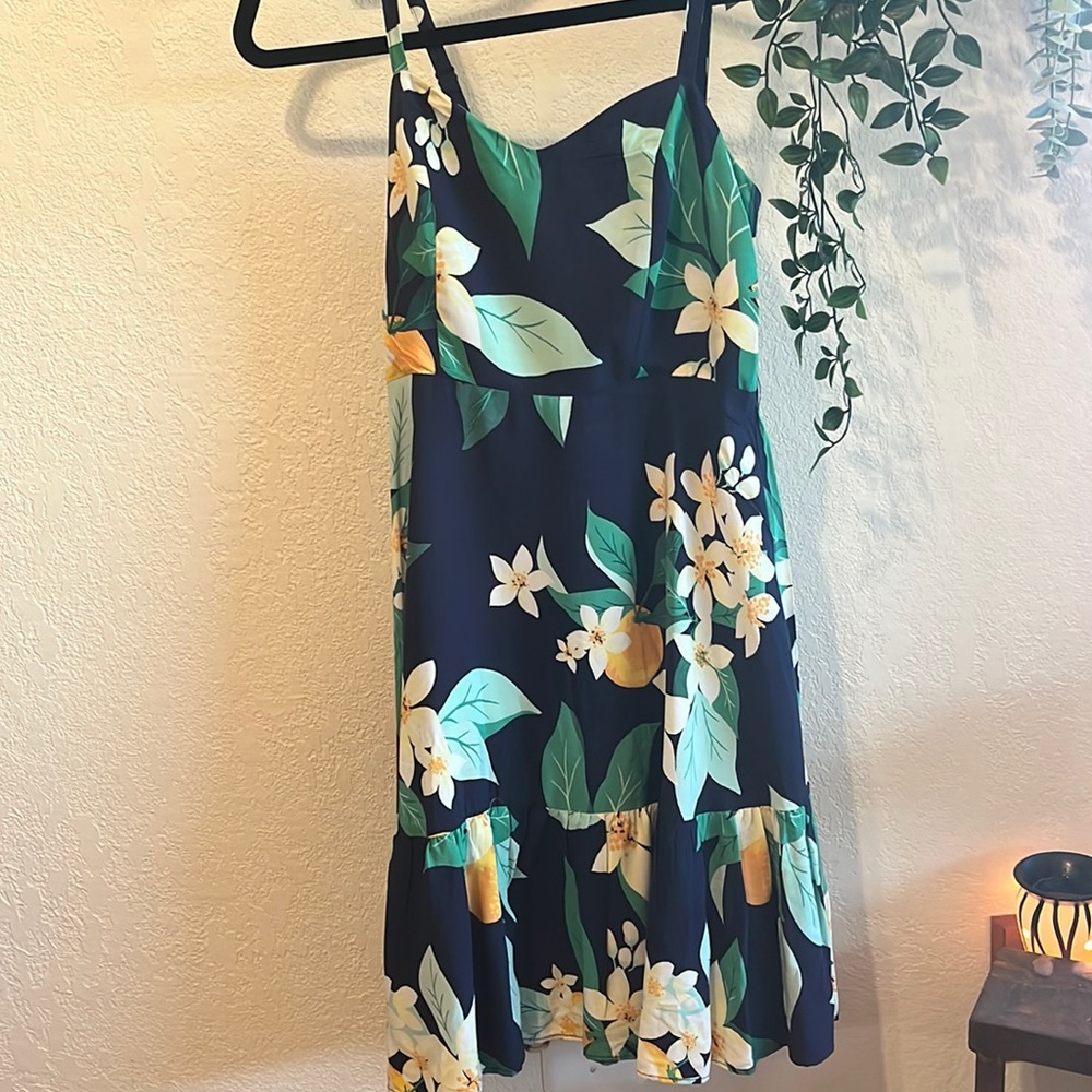 Dark blue dress with floral accents